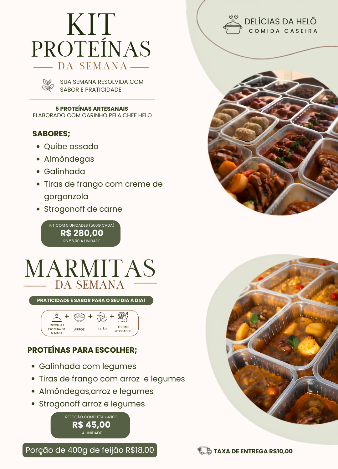 Cardápio de proteínas e marmitas da semana da Delícias da Helô