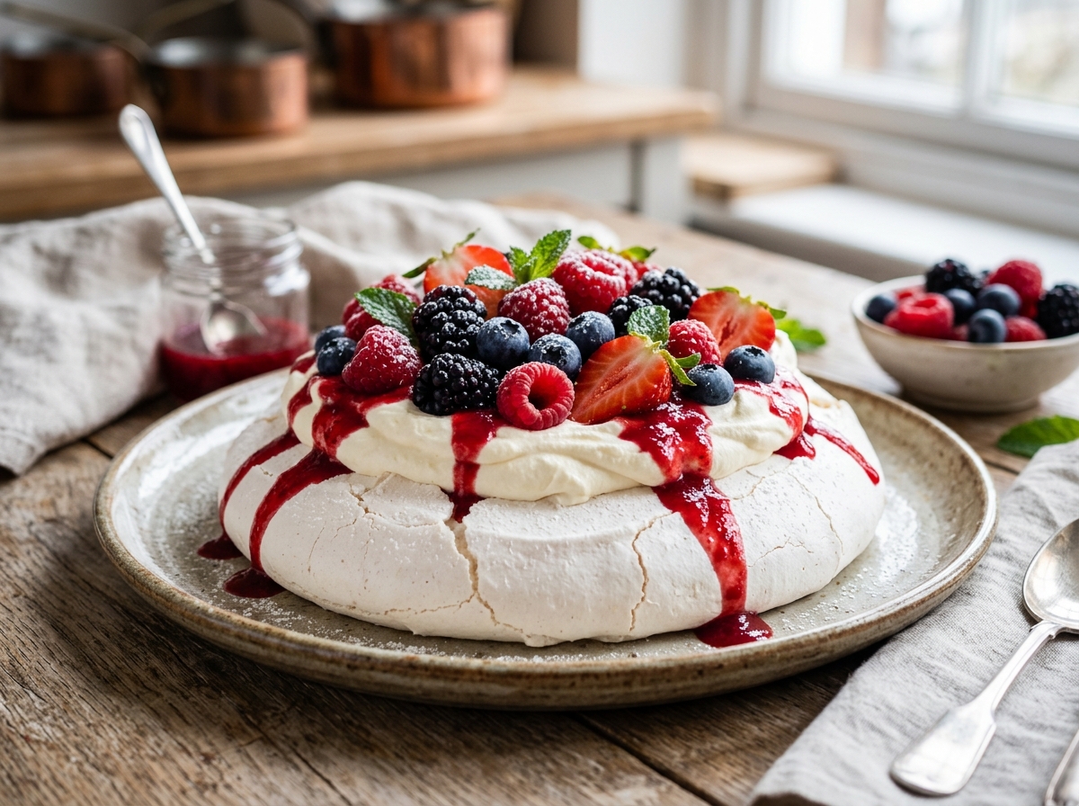 Pavlova artesanal com frutas vermelhas